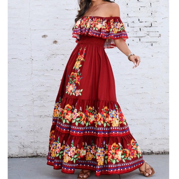 Dresses & Skirts - Boho Floral Print Off Shoulder ruffle Shirred Maxi Dress
